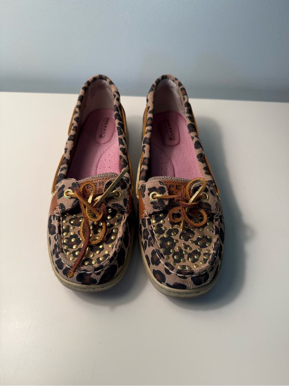 Sperry Leopard Print Moccasins with Gold Studs and Pink Insole